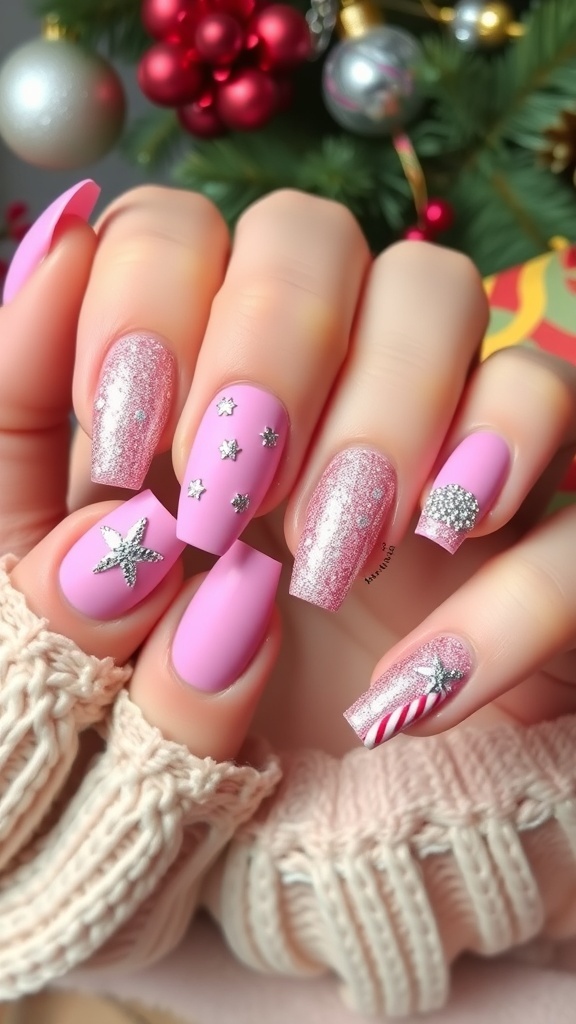 Stylish Pink Christmas Nail Art for a Baddie Look A collection of pink Christmas nail designs with glitter and festive patterns on a holiday-themed background.